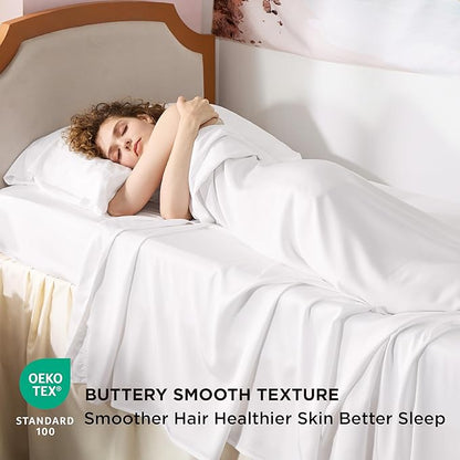 Bedsure Cooling Sheets Twin XL, Rayon Derived from Bamboo, Breathable & Soft Twin XL Sheet Sets, Deep Pocket Up to 16 Inches, Hotel Luxury Silky Dorm Bedding for Hot Sleepers, White