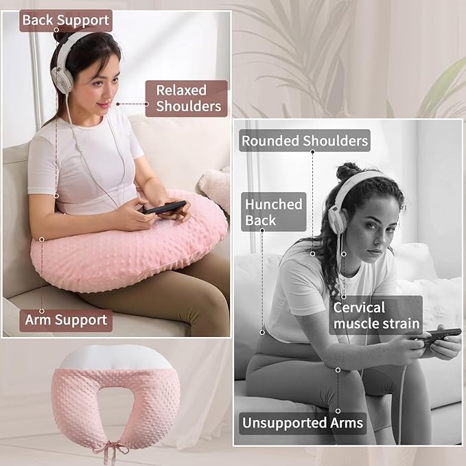 Reading Pillow for Gaming Reading Crochet, U Shaped Arm Support Pillow with Removable Cover Reducing Arching Neck for Adult Reading and Working Sitting on Bed Sofa for Arm Rest (Blue)