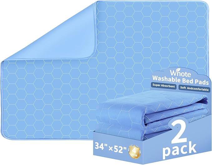 Waterproof Washable Underpads Pee Pad (Blue 34" x 52" 2 Pack), Reusable Absorbency Bedwetting Incontinence Bed Pads for Kids Adults Elderly Dog Pet, Puppy Pads for Mattress Couches Sofas Floors