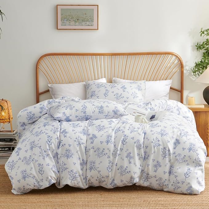 Blue Floral Duvet Cover Twin Cornflower Blue Botanical Flower Bedding Set Reversible Garden Coquette Bedding Girls Soft Microfiber 2Pcs Zipper Closure（No Comforter）