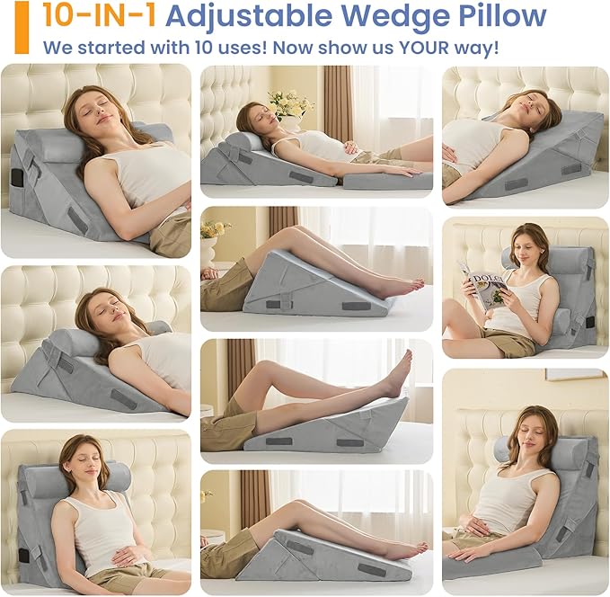 Sasttie Wedge Pillow Set for After Surgery, 3PCS Adjustable Bed Wedge Pillow Headboard with Memory Foam Neck Cushion – for Acid Reflux, Sleeping, Neck & Back Support, Velvet & Light Grey