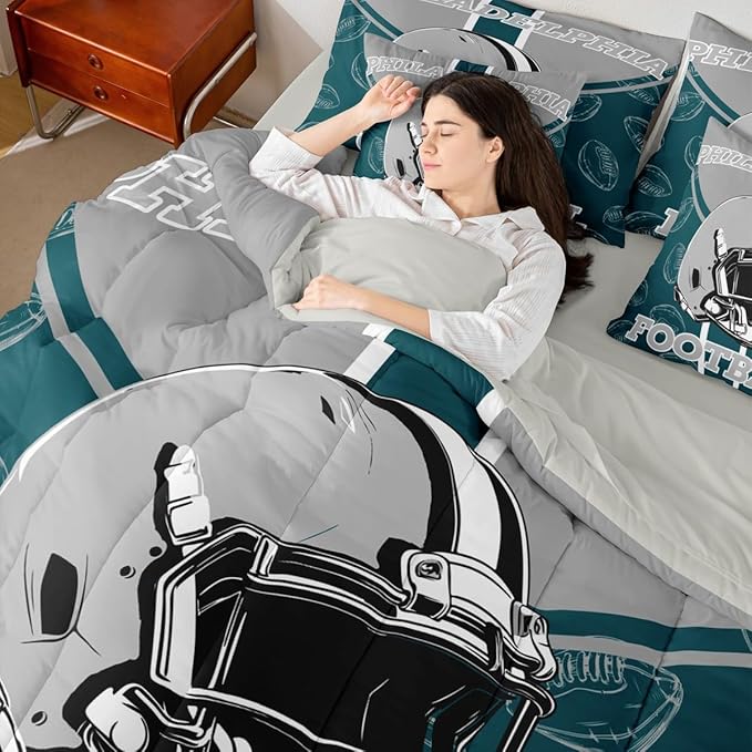 Feelyou Football Comforter Set with Sheets 7 Piece Full Size Ball Games Bedding Set for Kids Boys Girls Rugby Bed in a Bag City of Footballs Room Decor Rugby Sports