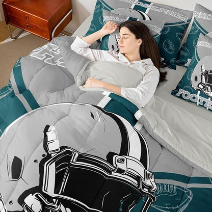 Feelyou Football Comforter Set with Sheets 7 Piece Full Size Ball Games Bedding Set for Kids Boys Girls Rugby Bed in a Bag City of Footballs Room Decor Rugby Sports
