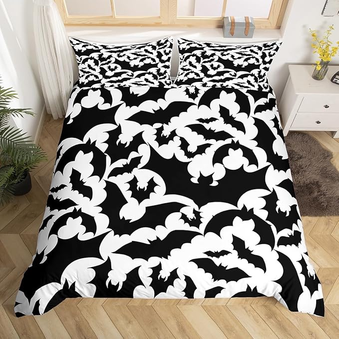 Castle Fairy Halloween Bat Duvet Cover Queen Size,Black Bats Silhouette Animal Print Polyetser Bedding Set (Not Comforter),Happy Holiday Gothic Style White Comforter Cover for Bedroom, Zipper, Ties