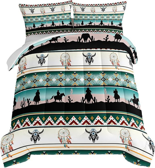 HOSIMA Western Bedding Comforter Sets,Longhorn Skull Dream Catcher Boho Bedding Bed in a Bag Full Size for Adults Kids Cowboy Western Decor,Geometric Multicolor Teal Comforter Full Size.
