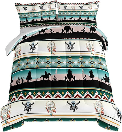 HOSIMA Western Bedding Comforter Sets,Longhorn Skull Dream Catcher Boho Comforter Set Queen Size for Adults Kids Cowboy Western Decor,Geometric Multicolor Teal Queen Comforter Set.