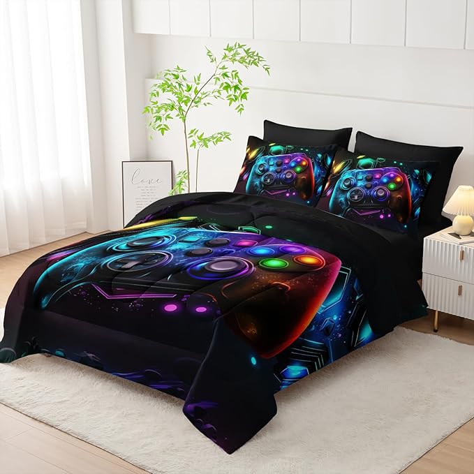 Gamer Comforter Set 7 Piece Full Size Bed in A Bag,Game Bedding for Room Decor,Soft Gaming Comforter Video Game Bedding with Fitted Sheet,Flat Sheet, Pillowcases & Shams