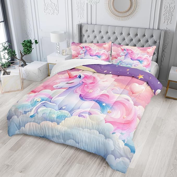Kid Unicorn Comforter Set Twin Size 3Pcs Pink Galaxy Bedding Set Glitter Star Cloud Love Quilt Bed Set for Boys Girls with 1 Comforter and 2 Pillowcases