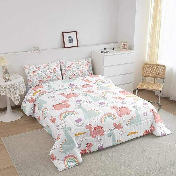 Feelyou Cartoon Dino Comforter Set King, Pink Green Dinosaur Comforter Cute Jungle Dino Comforter Set for Kids Boys Girls Cute Rainbow Duvet Set Microfiber Quilt Set