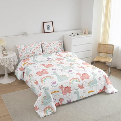 Feelyou Cartoon Dino Comforter Set Toddler, Pink Green Dinosaur Comforter Cute Jungle Dino Comforter Set for Kids Boys Girls Cute Rainbow Duvet Set Microfiber Quilt Set