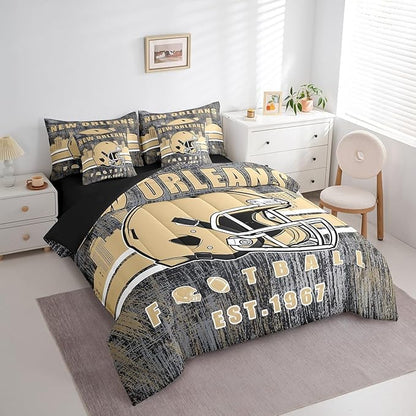Erosebridal Classic Football City Sports Bedding Set for Boys Men Women Gridiron Bed in A Bag,Rugby Decor City Silhouette Comforter Sets with Sheets Retro Grunge Brown Bed Set Queen