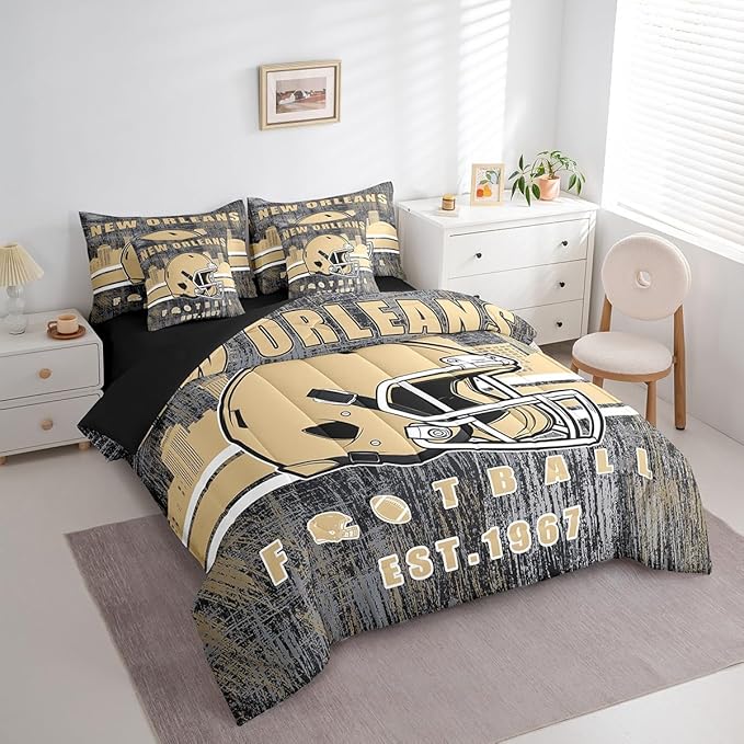 Erosebridal Classic Football City Sports Bedding Set for Boys Men Women Gridiron Bed in A Bag,Rugby Decor City Silhouette Comforter Sets with Sheets Retro Grunge Brown Bed Set Full