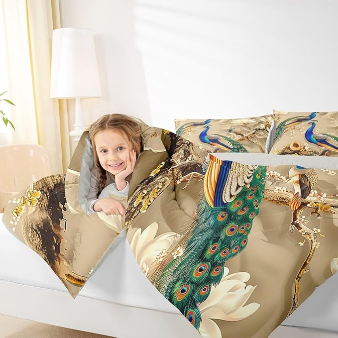 Feelyou Peacock Comforter Peacock with Floral Bedding Set for Kids Adults Girls Animals Comforter Set Botanical Quilt Set 1 Comforter Set with 2 Pillowcases Queen Size