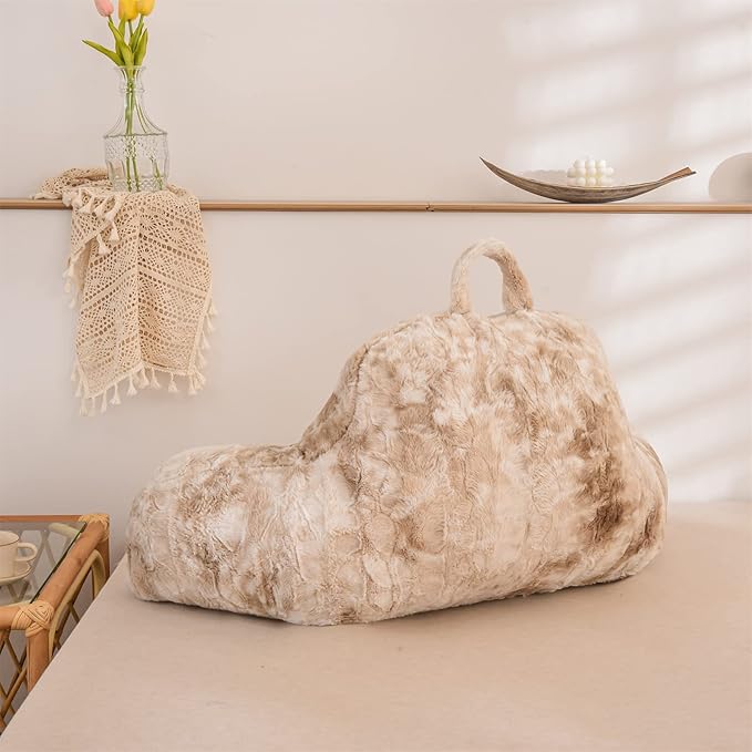 A Nice Night Faux Fur Soft Reading Pillow Bed Wedge Adult Backrest with Arms Back Support for Sitting Up in Bed/Couch for Bedrest, Tie Dyed Khaki