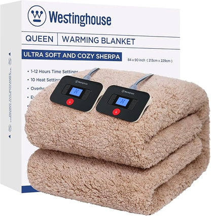 Westinghouse Electric Blanket Queen Size, Soft Plush Sherpa Heated Blanket with 10 Heating Levels & 1-12 Hours Auto-Off, Machine Washable, 84x90 inches, Camel