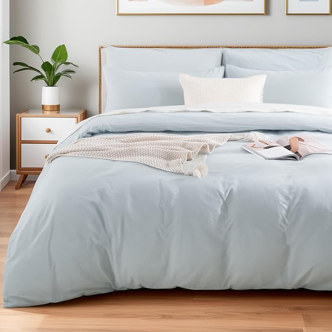 NEXHOME PRO Duvet Cover Set Queen Size Linen Look Textured Natural 100% Organic Cotton Duvet Cover 3 Pieces Bedding Set with Zipper Closure, Soft, Light Baby Blue (No Comforter)