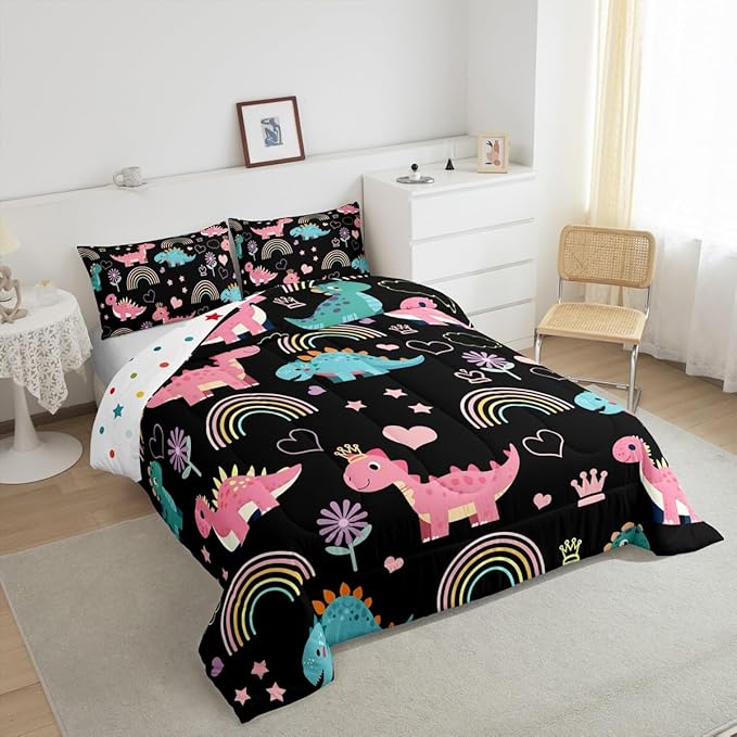 Castle Fairy Lovely Dino Full Size Comforter Set,Cute Rainbow Floral Love Heart Reversible Bedding Set Bedroom Collection,Pink Black Dinosaur Kawaii Animal Soft Quilted Duvet for Girls Teens