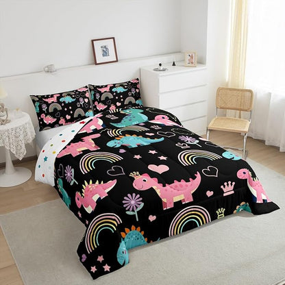 Castle Fairy Lovely Dino Full Size Comforter Set,Cute Rainbow Floral Love Heart Reversible Bedding Set Bedroom Collection,Pink Black Dinosaur Kawaii Animal Soft Quilted Duvet for Girls Teens