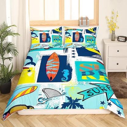 Surfing Sports Bedding Set King Size for Woman Men,Colorful Surf Themed Graffiti Painting Comforter Cover with 2 Pillowcases,Surfboard Fish Stars Plaid Duvet Cover Set Microfiber Quilt Cover