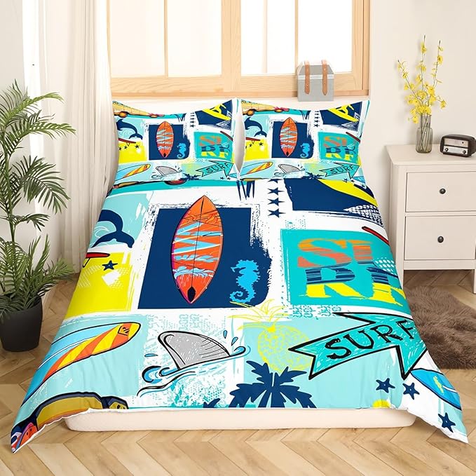 Surfing Sports Bedding Set Queen Size,Colorful Surf Themed Graffiti Painting Duvet Cover Set for Children Adult,Surfboard Fish Stars Plaid Soft Comforter Cover for Dorm Room, Zipper, Ties