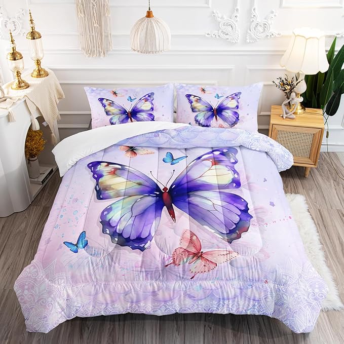 Mandala Butterfly Comforter Set Queen Size for Girls Kids Adults Mermaid Scales Pattern Bedding Set Aesthetics Butterflies Quilt Bed Set with 1 Comforter and 2 Pillowcases