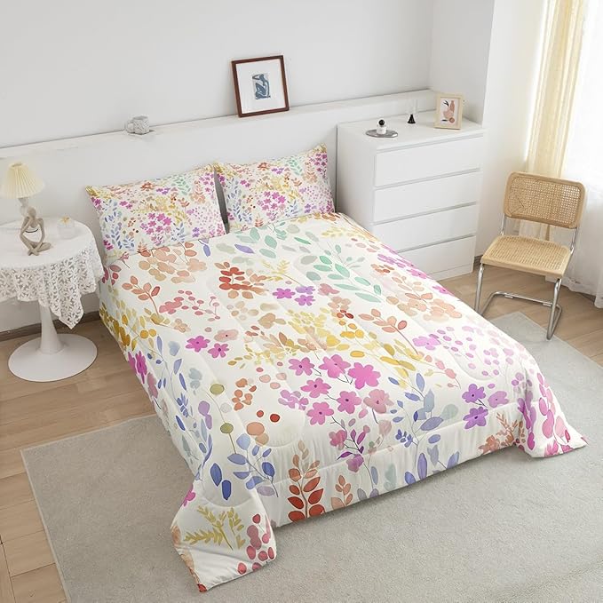 Erosebridal Cute Pink Floral Full Comforter Set for Girls Women Kids,Watercolor Wild Flower Bedding Set Boho Bedroom Decor,Rustic Country Flowers Quilt Bed Set Wildflower Bed Comforter Set 3Pcs