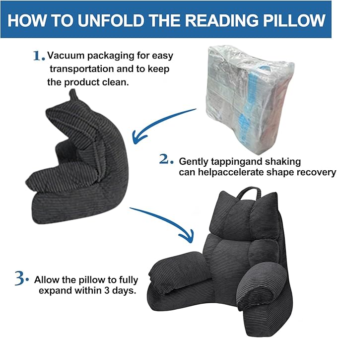 RRPAHWTV Reading Pillow for Bed with High Arm Rests,Back Support Pillow for Sitting Up in Bed with Shredded Memory Foam for Reading, TV, Gaming or Relaxing on Floor（Grey Black，Small）