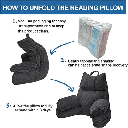 RRPAHWTV Reading Pillow for Bed with High Arm Rests,Back Support Pillow for Sitting Up in Bed with Shredded Memory Foam for Reading, TV, Gaming or Relaxing on Floor（Grey Black，Small）