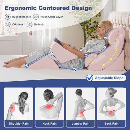 6PCS Multi-Functional Bed Wedge Pillow Kit - 7-in-1 Orthopedic Support for Back/Neck/Legs, Post Surgery Recovery & Sitting Up in Bed, Post Surgery Foam for Body, Pink