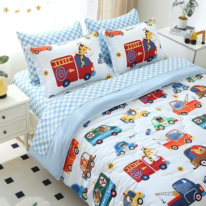 Kids Cars Animal Comforter Set Full Size for Boys Girls Teens 7 Piece Cartoon Construction Fire Truck Excavator Police Ambulance Lion Cat Dog Elephant Bedding Set Bed in A Bag,Colourful