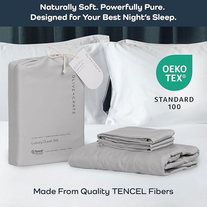 Olive + Crate Tencel Eucalyptus Cooling Duvet Cover Set - Hypoallergenic, Lyocell Tencel Duvet Cover - Soft, Temperature Regulating with Hidden Button Closure & Corner Ties - Queen Size [Gray Mist]
