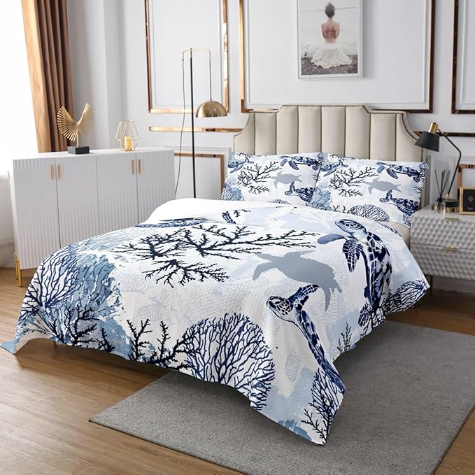Sea Turtle Bedspread King Kids Hawaiian Ocean Marine Reptile Bedding Set For Women Men Bedroom Turtle Tortoise Decor Coverlet Set Beach Sea Underwater Creature Quilt Set For All Season, White Blue