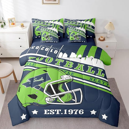 Erosebridal Queen Size Sports City Bedding Sets, Gridiron Seasonal Comforter Rugby Sports Decor Comforter + Flat Sheet + Fitted Sheet + 2 Pillowcases + 2 Throw Pillow Covers