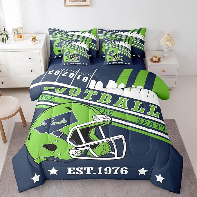 Erosebridal King Size Sports City Bedding Sets, Gridiron Seasonal Comforter Rugby Sports Decor Comforter + Flat Sheet + Fitted Sheet + 2 Pillowcases + 2 Throw Pillow Covers