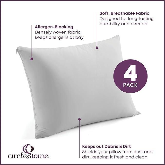CirclesHome Pillow Protectors 4 Pack Queen Zippered - 100% Cotton Breathable Pillowcases - Protects Pillows from Dirt, Dust and Debris (Queen- Set of 4 - 20x30)