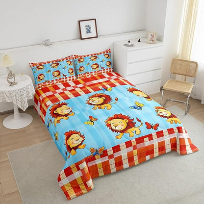Cartoon Lion Comforter Set King Size Cute Butterfly Bedding Set Bedroom Decor Tropical Jungle Animal Quilt Set for Kids Boys Girls Watercolor Geometric Grid Duvet Insert 3Pcs