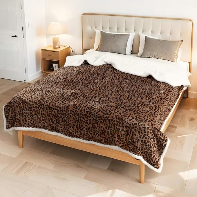 Electric Heated Blanket King Size 90"x100" - Dual-Sided with Flannel, 4 Heat Settings & 10 Hours Auto Off, Machine Washable - Leopard Print