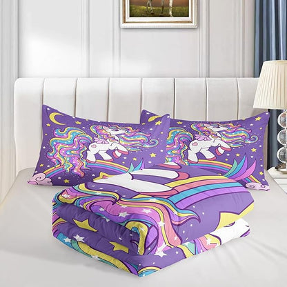 QOOMO Unicorn Comforter King Size,Rainbow Unicorn Comforter Set for Kids Teens Girls,3Pcs Bedding Set Printed Comforter with 2 Pillowcases,Down Alternative,Soft and Lightweight，King Size