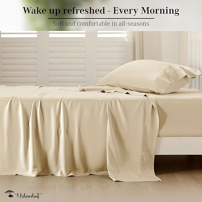 URBANHUT 1000 Thread Count Damask Striped Twin Size Egyptian Cotton Sheets, Long Staple Soft & Breathable, 4 Pc Bed Sheet Sets, Luxury Hotel Sateen Sheets Fits 16" Deep Pocket - Sand