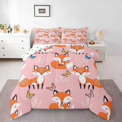 Erosebridal Kids Cartoon Fox Bedding Set Queen Size,Multicolor Butterfly Comforter Set Boys Girls Woodland Fox Quilt Duvet Teens Wildlife Animal Down Comforter with 2 Pillow Shams,3Pcs Pink Orange
