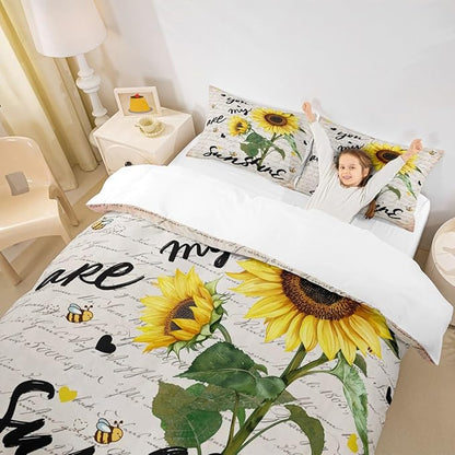 Sunflower Duvet Cover Sets King Size,Rustic Farmhouse Bee Bedding Set 3pcs for Kids Teens Adults Home Room Decor,Black Sketch Sunshine Graffiti Comforter Cover Nature Plants Animals Quilt Cover