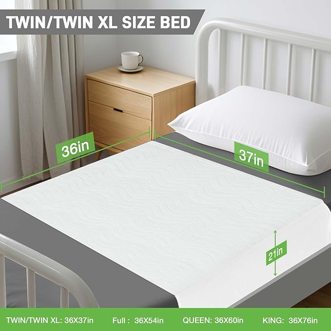 Bed Pads Washable Waterproof for Incontinence Adults, Reusable Wetting Pad Mattress Protector Underpads Tuckable Quick Dry, Fits Twin/Twin XL Size Bed, 36" x 37", White