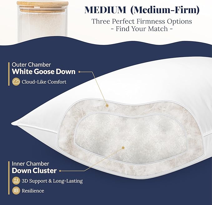 White Goose Down Pillow - Luxury Hotel Bed Pillow with 100% Natural 1000+ Fill Power Goose Feather Down Pillow for Sleeping, 700TC Cotton Shell, King Size- Soft, 1 Pack