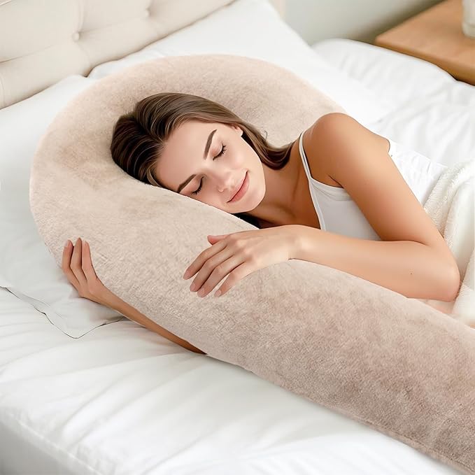 Body Pillow for Adults - Soft Long Bed Pillows Insert for Sleeping - Shredded Memory Foam and Removable Washable Cover - Swan Shaped Side Sleeper Pregnancy Pillow 49 Inch (Light Brown)