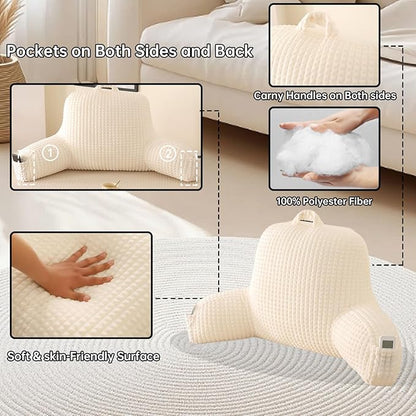 Reading Pillow for Sitting in Bed, Large Backrest Reading Pillow with Arm Rest,Back-Rest Support Cushion for Sit Up on Couch, Sofa, and Floor, Dorm Essentials (Cream Flannel, Large(19"))