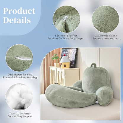 Reading Pillow for Bed,U Shaped & Back Support Pillow for Bed,17" Backrest with Lumbar & Arm Support,Luxurious Faux Rabbit Fur,Gaming PillowFor Crochet/Reading/Watching TV,Green