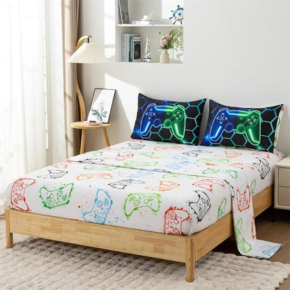NTBED Game Console Comforter Set for Boys Girls Kids 3D Gaming Geometric Lightweight Microfiber Gamer Bedding Sets (Blue Green, Twin 5Pcs)