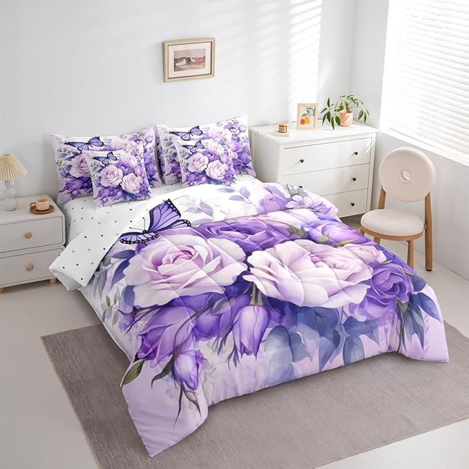 Feelyou Purple Rose 7 Piece Bedding Set King Size Butterfly Comforter Set with Sheets for Women Girls Teens Floral Flower Bed in a Bag Romantic Bed Set