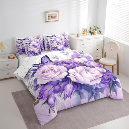 Feelyou Purple Rose 7 Piece Bedding Set King Size Butterfly Comforter Set with Sheets for Women Girls Teens Floral Flower Bed in a Bag Romantic Bed Set