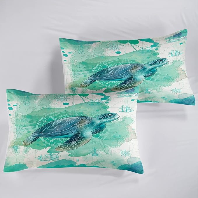 CVHOUSE Sea Turtle Comforter Twin - Ocean Bohemia Quilt Set with 1 Comforter and 2 Pillow Cases